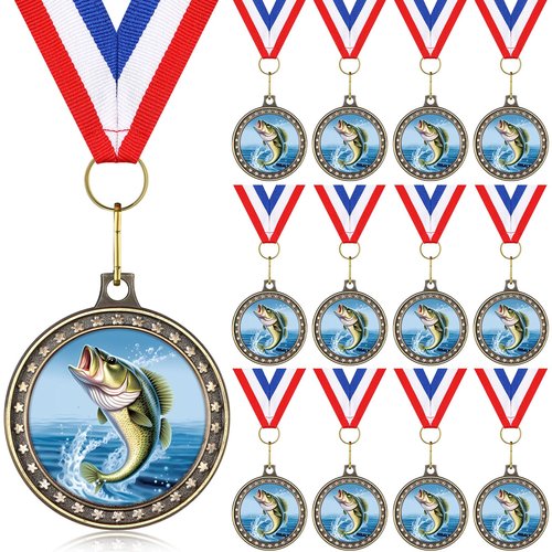 Quelay 12 Pcs Fishing Medals 2" Fishing Award Medals with Neck Ribbons Fish Competition Trophy Prizes for Deep Sea Fishermen