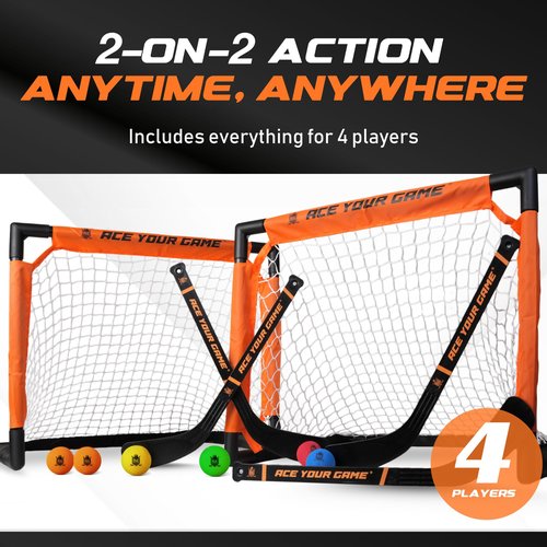 ACE HOCKEY - Shinny Hockey Set - Complete 4-Player Indoor/Outdoor Kit - Knee Hockey Goal Set (2) Goals, (2) Sticks, and (6) Foam Balls - Mini Hockey Set