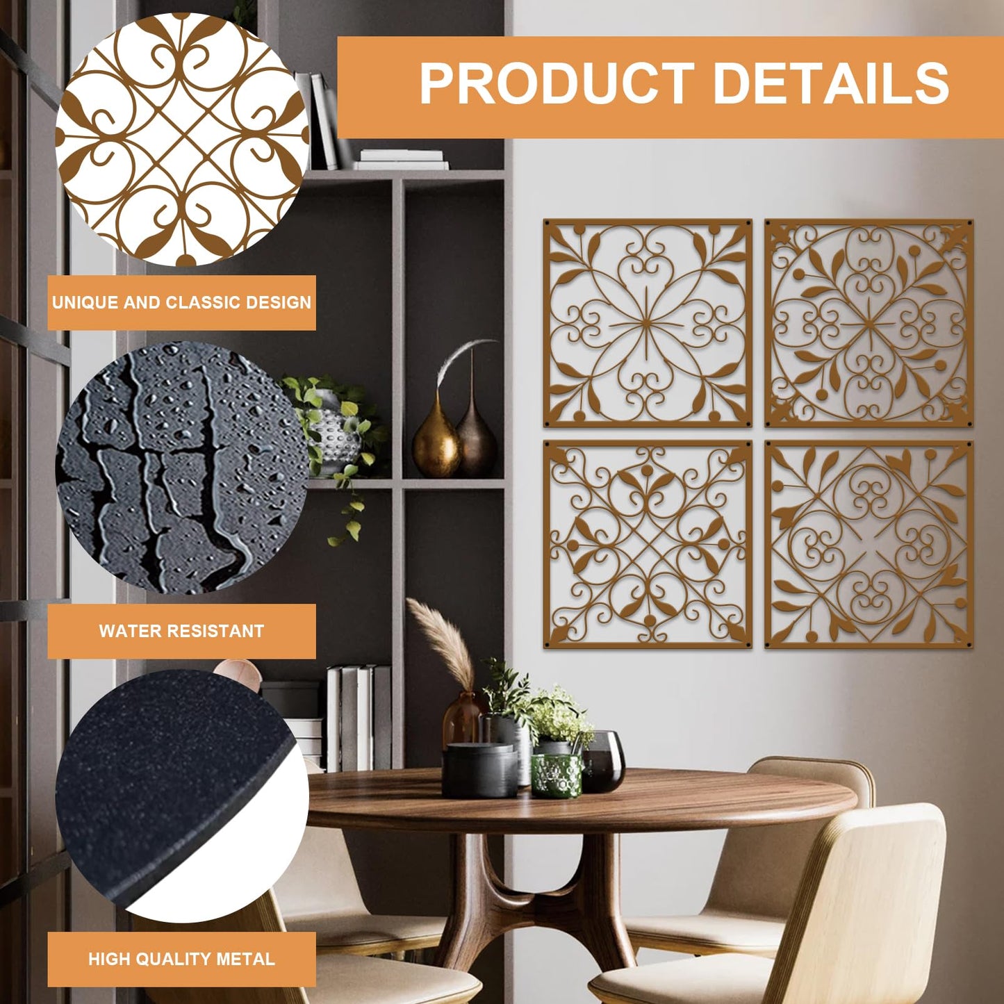 Resama 4 Pieces Rustic Wall Decor Farmhouse Wall Decor for Living Room Metal Hollow Carved Design Metal Decorative for Home Bedroom Kitchen Office (Brownish Orange,Square)