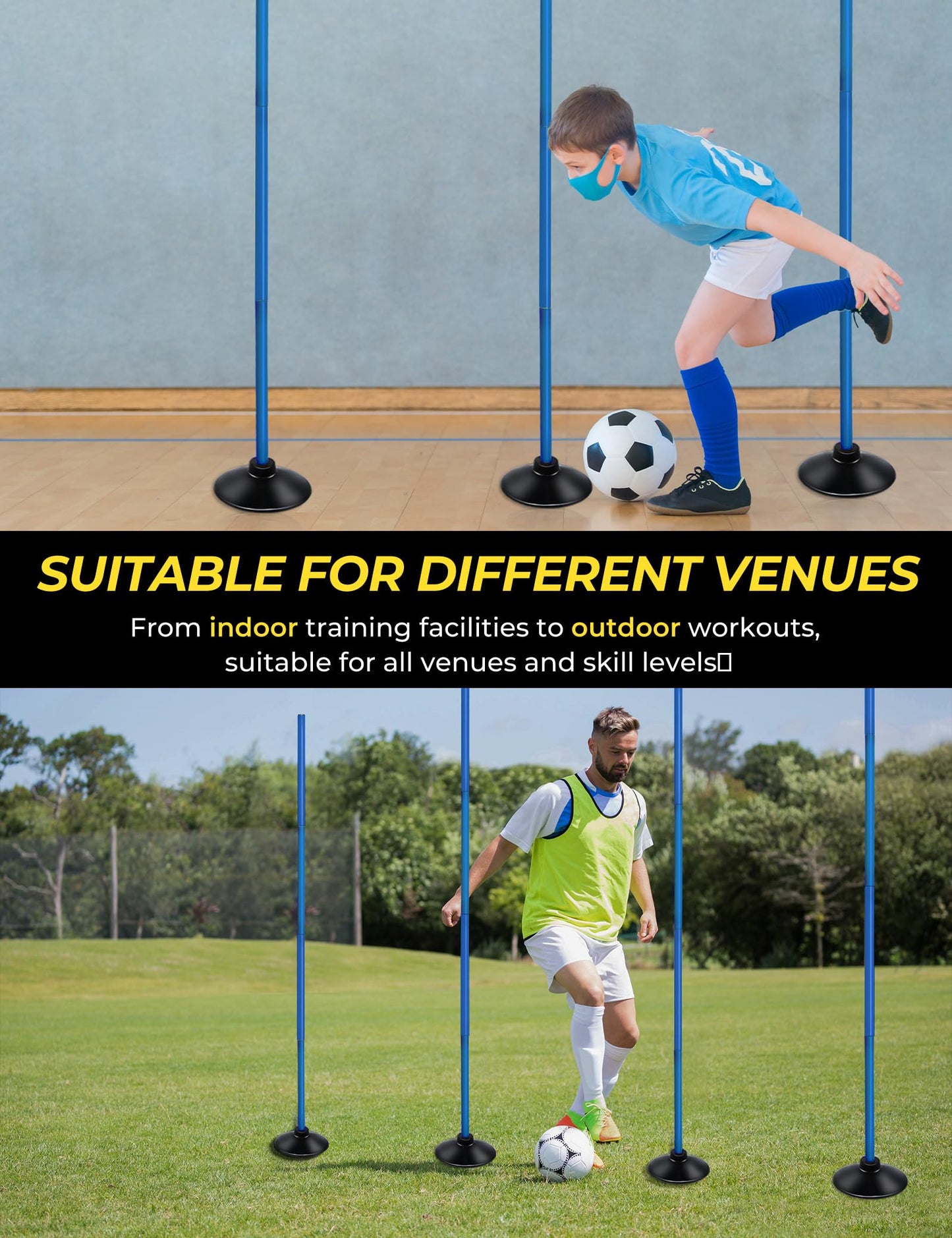 SEAOTTER Soccer Agility Poles Set, 4 Pcs 6FT Adjustable Sports Trainning Speed Poles Slalom Poles with Rubber Base, Agility Training Equipment for Football, Rugby, Basketball, Indoor & Outdoor