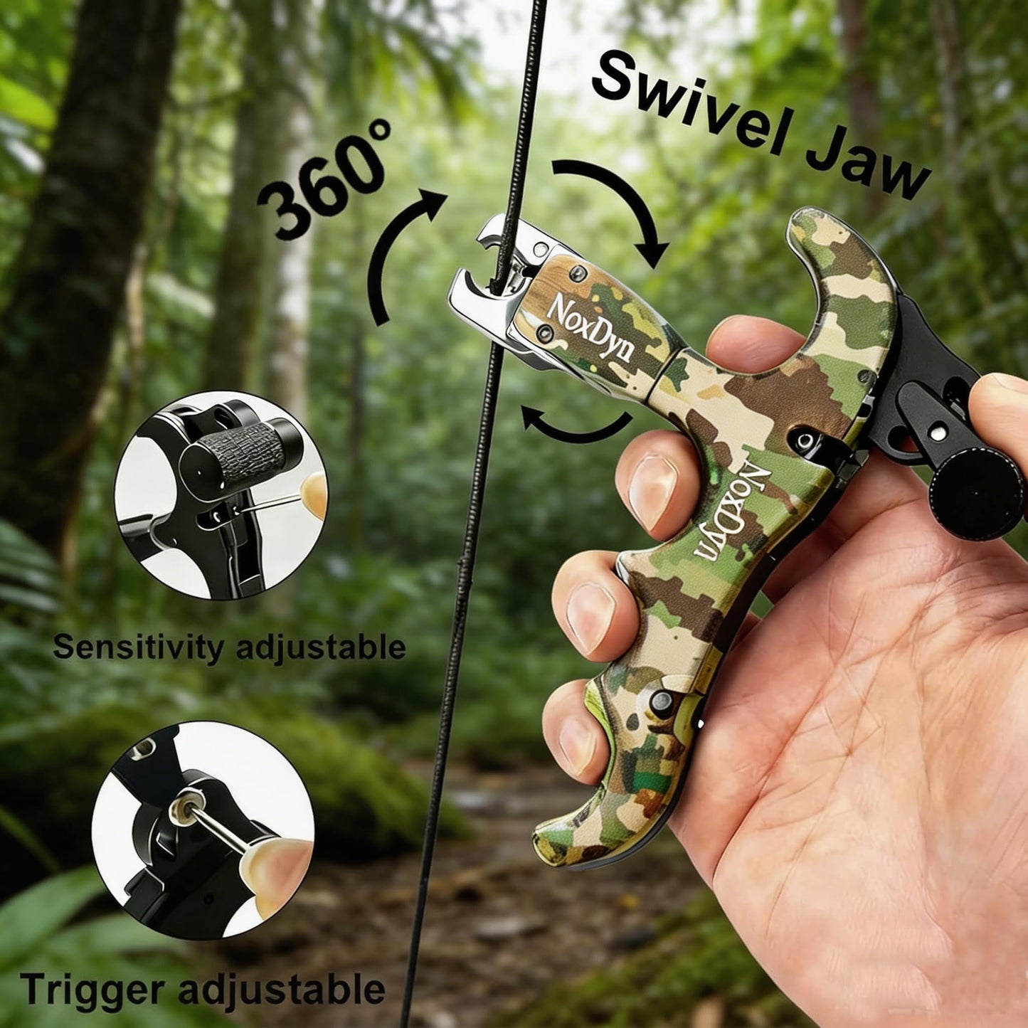 NoxDyn Archery Bow Release for Compound Bow, 4-Finger Adjustable Sensitivity Thumb Release Aid, 360° Rotatable Head for Hunting and Target Practice