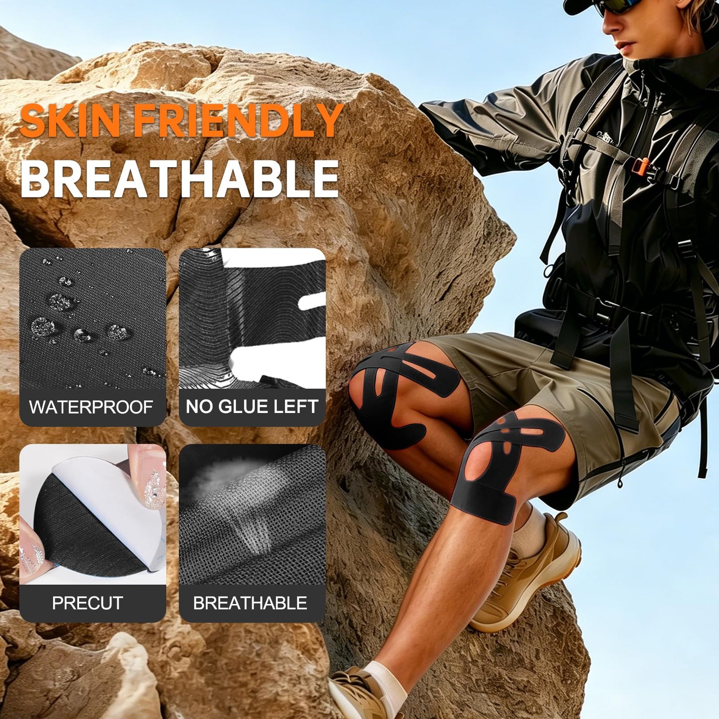 IEADEN Precut Kinesiology Tape for Knees, 10 Pcs - Knee Support & Stability, Knee Pain Relief Athletic Tape - Waterproof & Elastic, Breathable Hypoallergenic Latex-Free Tape, Black