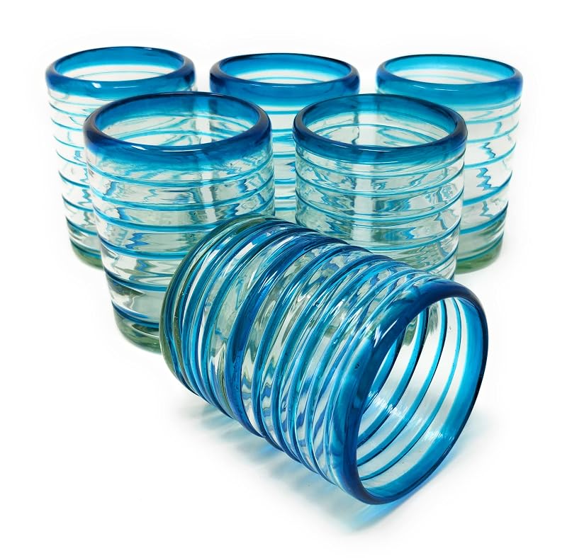 Aqua Spiral 10 oz Mexican Hand-Blown Tumbler Glasses Set of 6
