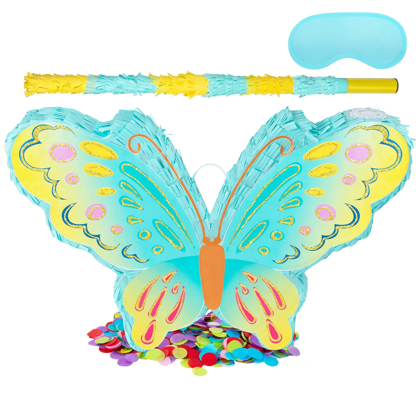 PCFING 21.6 Inch Butterfly Piñata with 30 Inch Piñata Stick Blindfold Confetti for Boy Girl Birthday Party Game Decorations, Anniversary Celebration, Fiesta