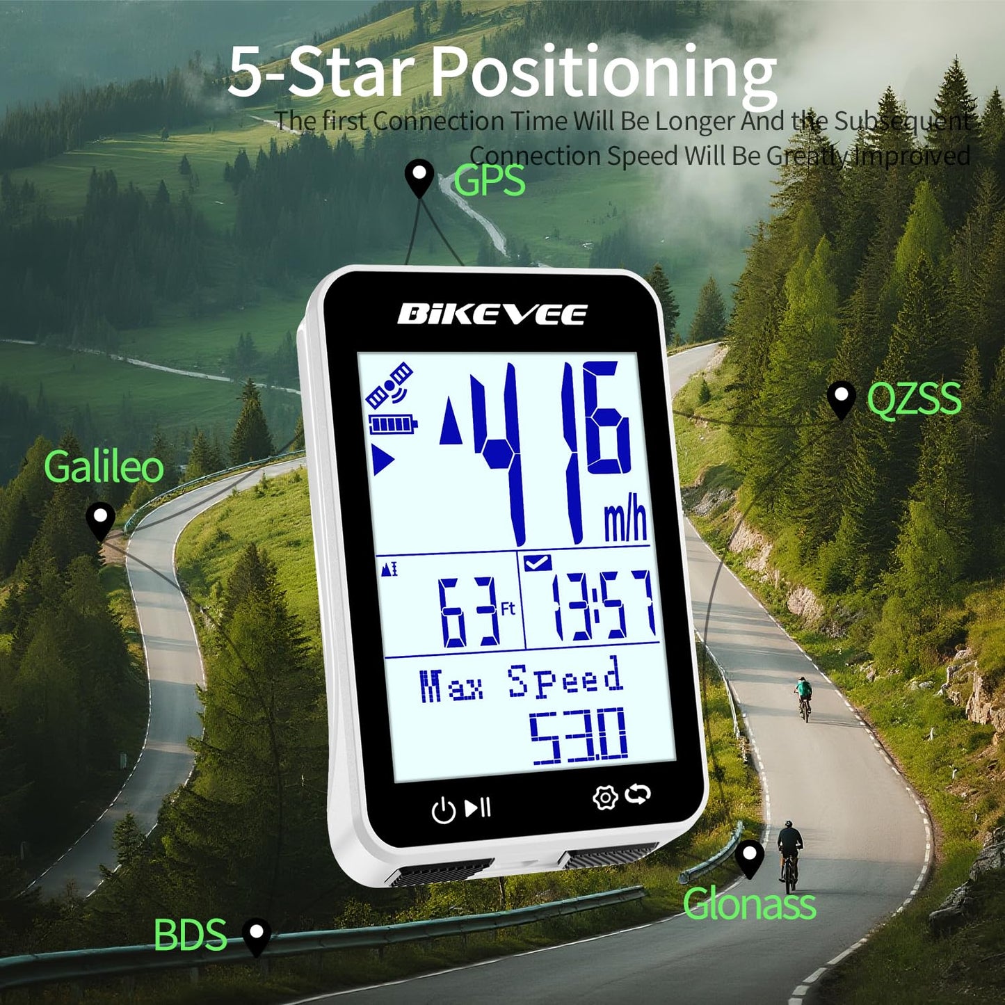 Bikevee GPS Bike Computer Wireless Bicycle Speedometer Odometer 9 Languages Auto Backlight Auto Start Stop IPX7 Waterproof 2.4 Inch LCD with Out Front Mount Supports MPH KMH - White