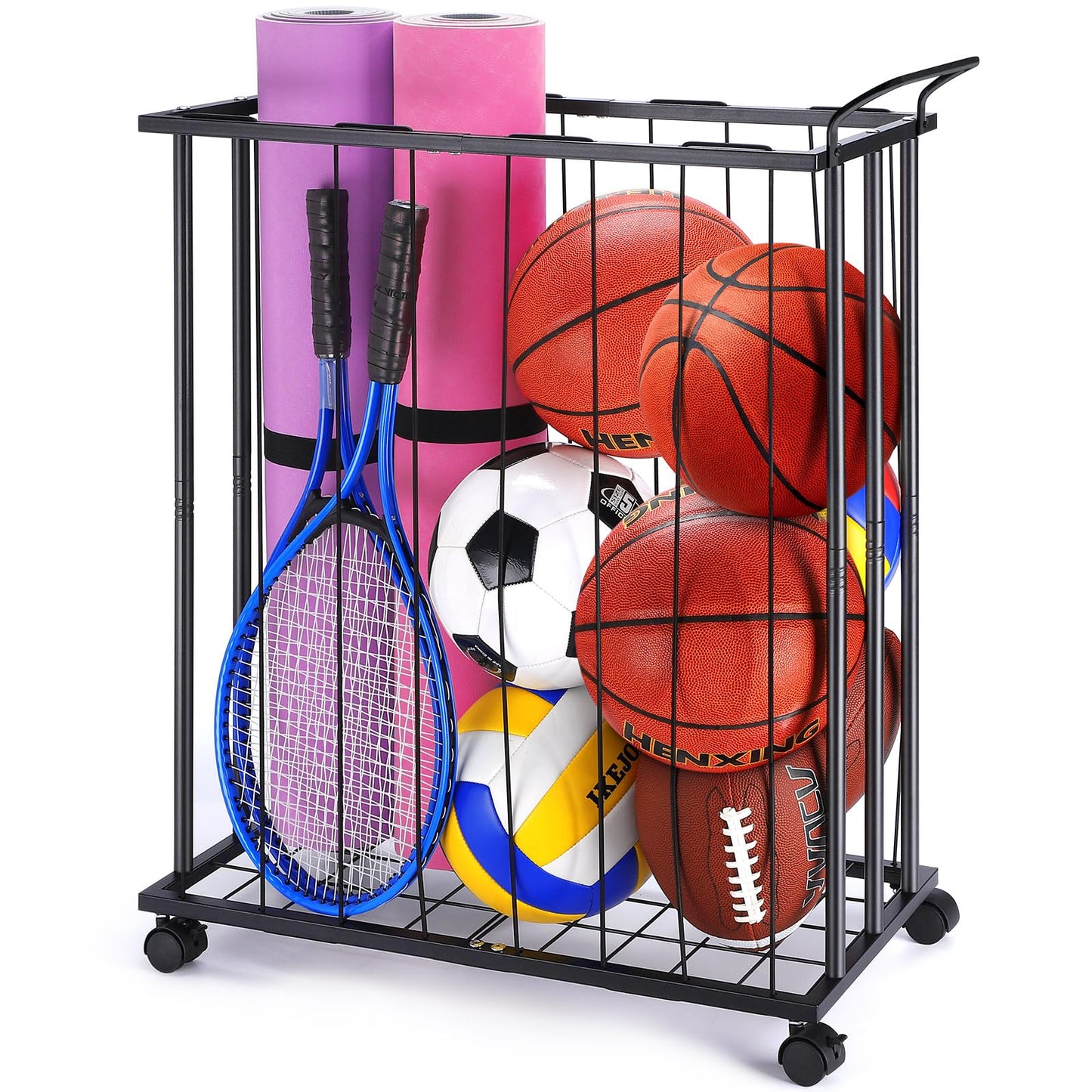 TOBWOLF Large Garage Ball Storage Rack with Wheels, Sports Equipment Organizer Rolling Ball Storage Cart, Freestanding Ball Holder with Elastic Rope for Basketball, Football, Garage, Gym
