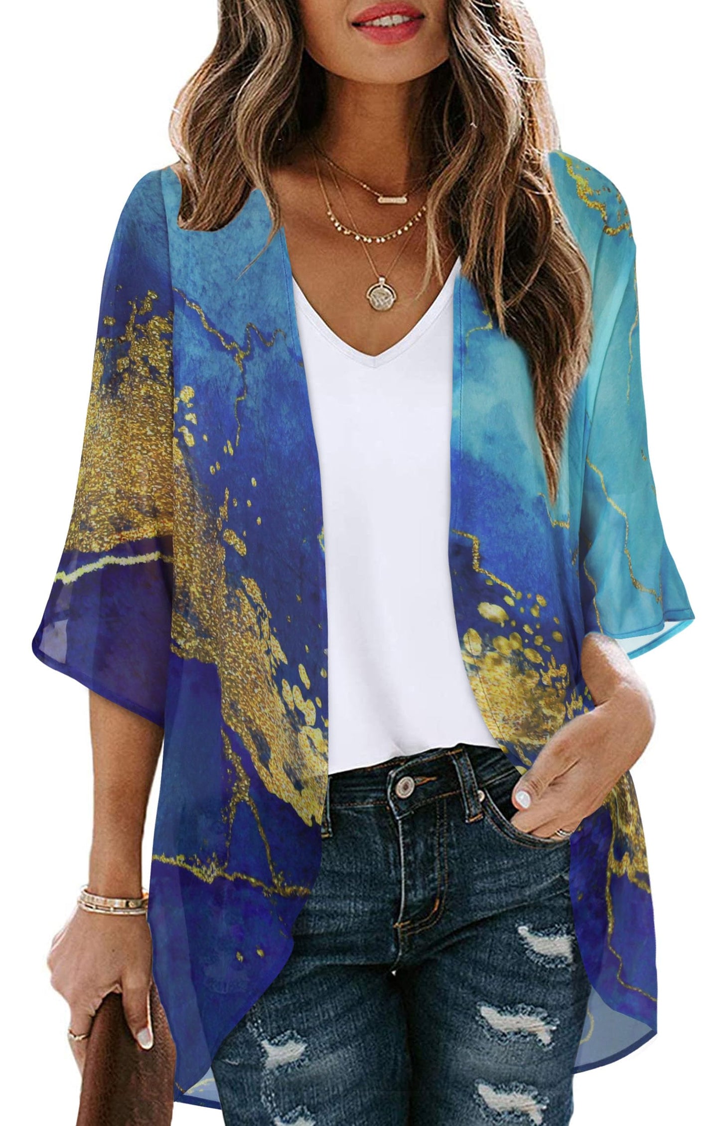 Women's Floral Print Puff Sleeve Kimono Cardigan Loose Cover Up Casual Blouse Tops(Gloden Blue,XL)