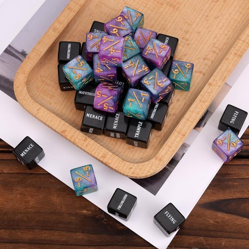 48pcs Abilities Keywords Counter Dice, Acrylic Creature Stats Buff Loyalty Dice Tokens Set Magic Life Counters for MTG TCG Card Gaming Accessories with Velvet Bag, Gathering Party Table Games