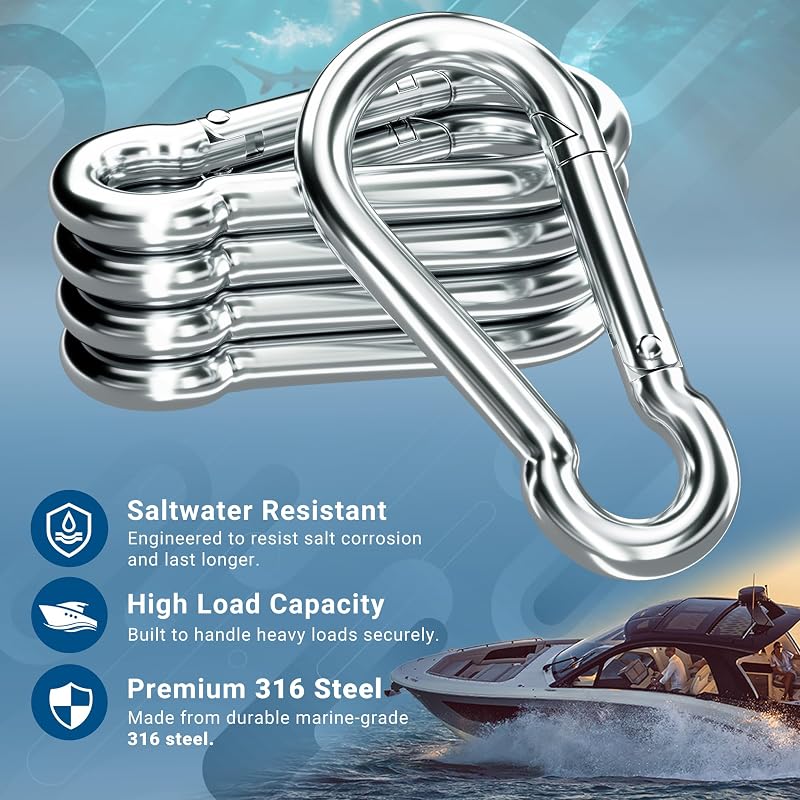 4Inch Marine-Grade 316 Stainless Steel Carabiner Clip | Heavy-Duty Snap Hook Set of 5