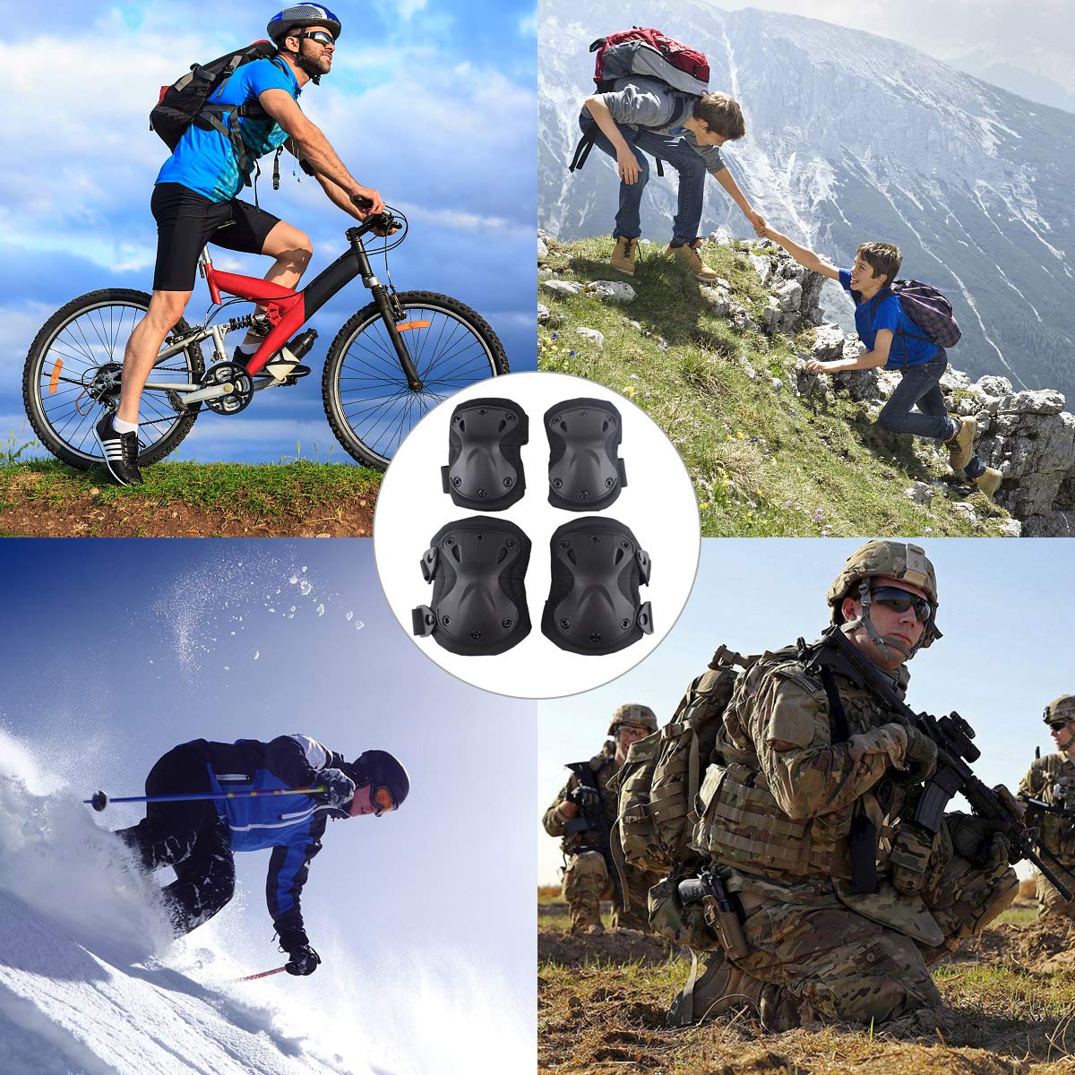 AOUTACC Combat Knee & Elbow Protective Pads Set for Outdoor CS Paintball Game Cycling Safety Skateboarding Gear Skates Knee Protection Guard Pads (Black)