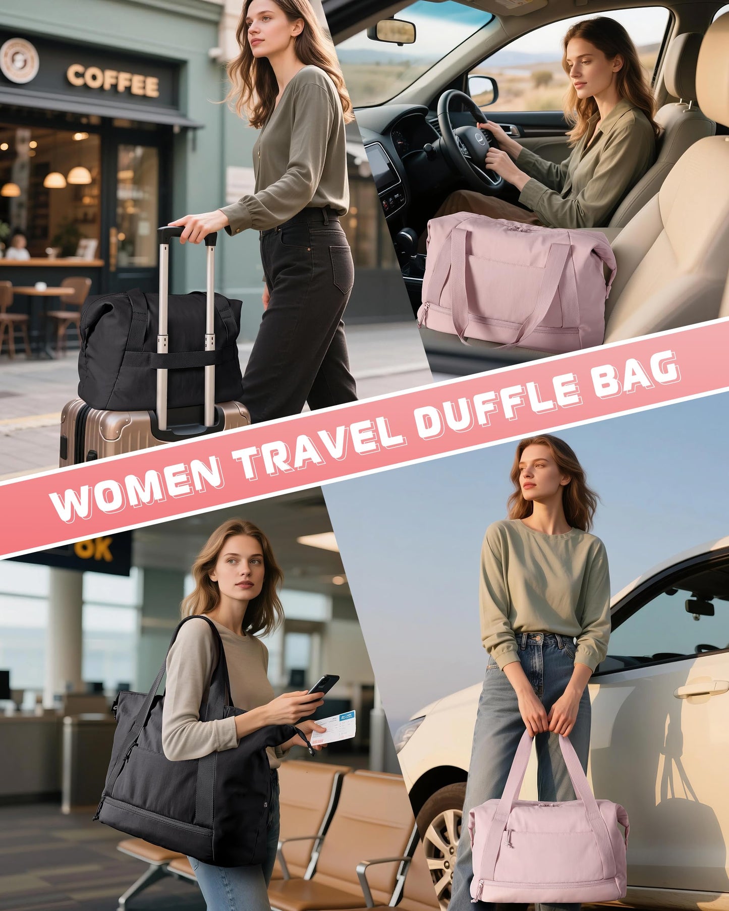 Smasrob Travel Duffle Bag with Shoe Compartment and Laptop Sleeve for Women, Lightweight Weekender Duffel Bag for Travel, Gym, Hospital Labor Delivery, Pink