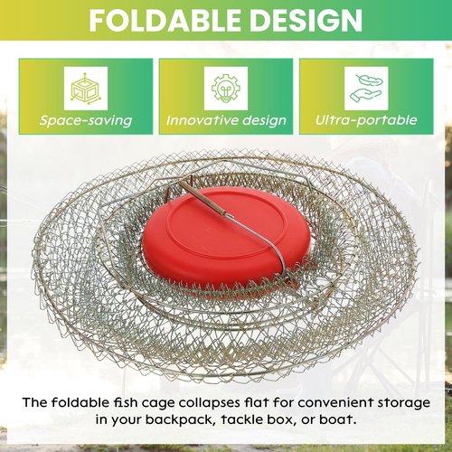 AMGSH 2 Pack Floatable Galvanized Steel Wire Fish Baskets, Collapsible Caget for Live Caught Fish, Portable Fishing Basket Wire Fishing Net Cage