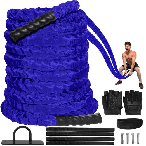 Battle Ropes for Home Gym 1.5Inch Diameter 30FT Lengths Workout Heavy Battle Ropes for Exercise Training Weighted Ropes, Working Out Exercise Equipment with Protective Cove - Blue