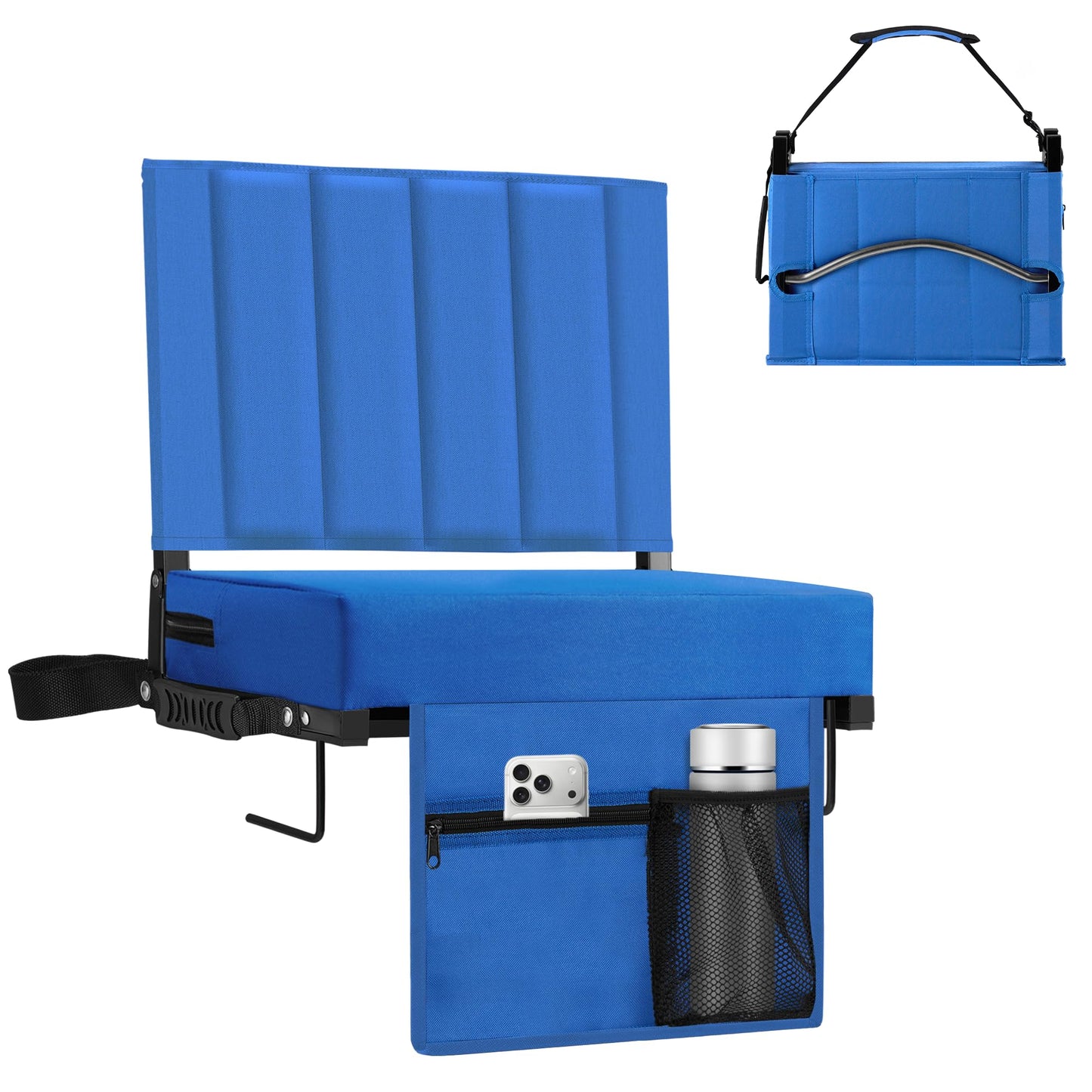 Halituny Stadium Seat for Bleachers with Back Support, Portable Bleacher Seat with Wide Comfy Padded Cushion, Metal Hook, Folding Stadium Chair with Shoulder Strap, Carry Handle, Cup Holder, Blue