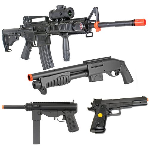 BBTac Airsoft Gun Package - Fast Response Team Collection of 4 Airsoft Guns - Full Auto AEG Electric Rifle, Shotgun, SMG and Pistol, 4000 BB Pellets, Great for Starter Pack Game Play