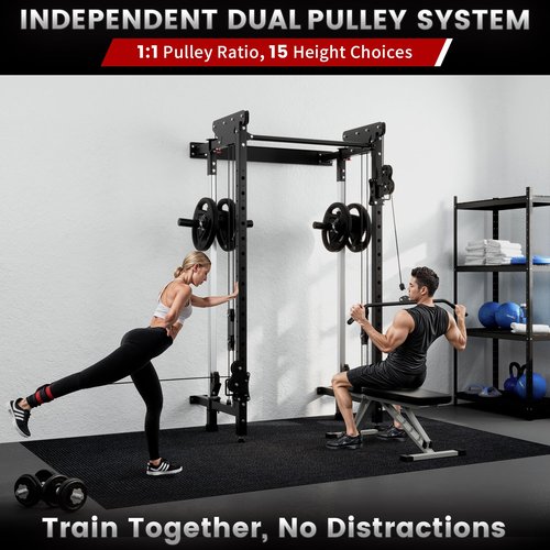 Folding Squat Rack - Wall Mounted Power Rack Cage Home Gym with Cable Crossover Machine & LAT Pull Down - Functional Trainer with 5 Adjustable Function Modes - with Safety Arm and Dips Attachment