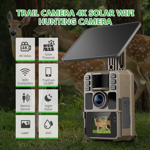bopopo Solar Trail Camera 4K WiFi, 64MP Game Camera with 0.1s Motion Activation, Night Vision, IP67 Waterproof, Built-in 5000mAh Battery & 64GB Card, UHD 30fps