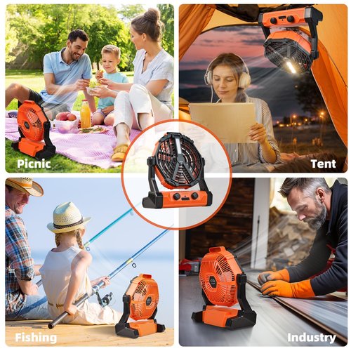 yesiwtc Camping Fan Ventilador Recargable 20000mAh Battery Operated With LED Lantern/Hook/Remote Auto Oscillating 60 Hrs Work Cordless Tent Fan for Emergency, Camping, Outdoor