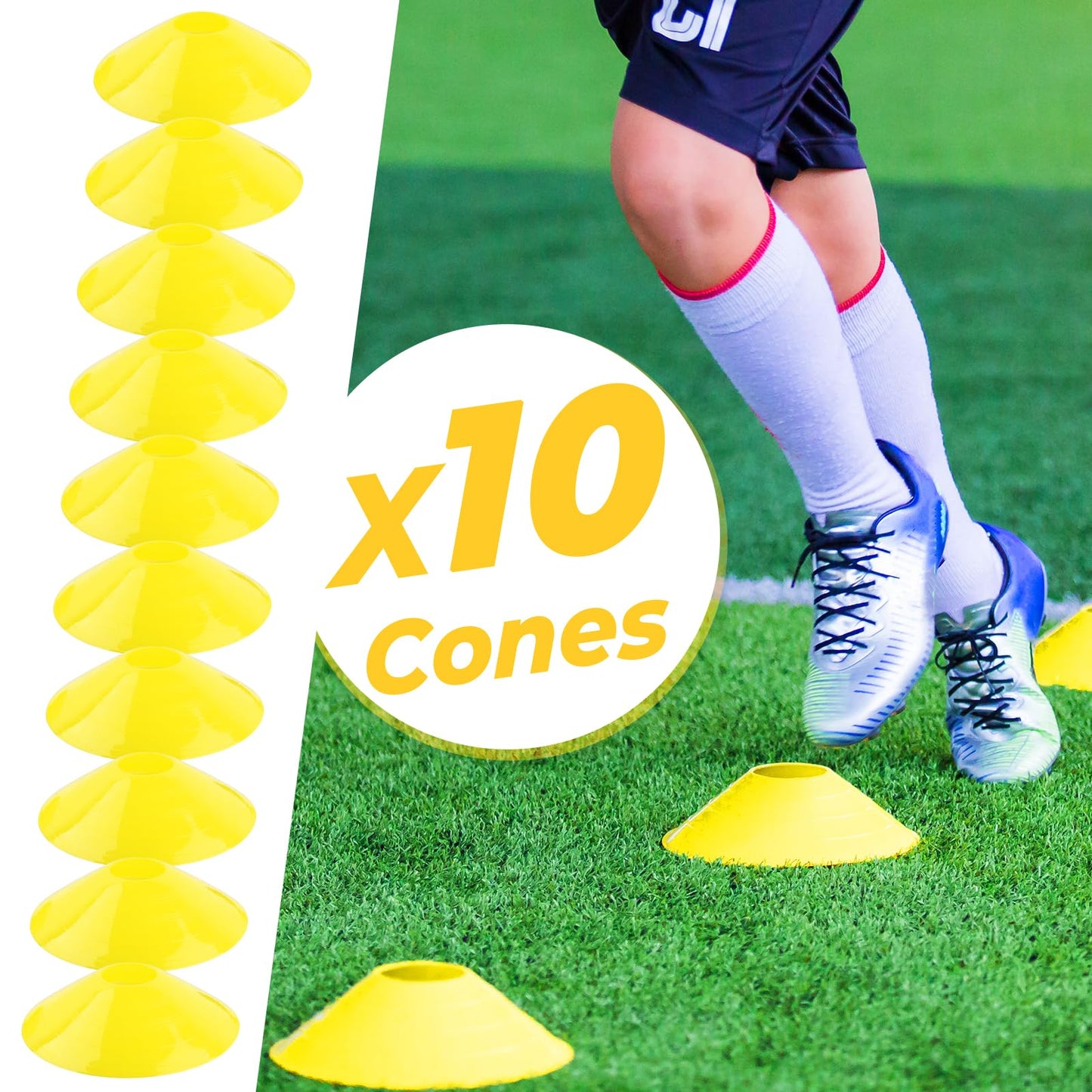 GHB Pro Agility Ladder Soccer Kick Trainer Set 20ft 12 Rung 10 Cones and 4 Stakes Speed Agility Football Training Equipment with Carrying Bag (Yellow)