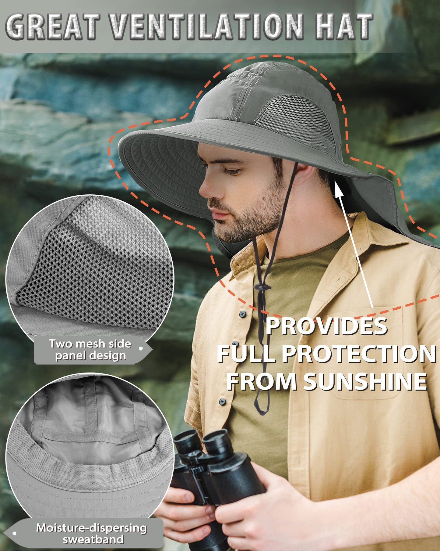Tirrinia Neck Flap Sun Hat, Wide Brim Hiking Safari Fishing Hat for Men&Women, Breathable Outdoor Sun Protection Hat for Summer Adventures Gray