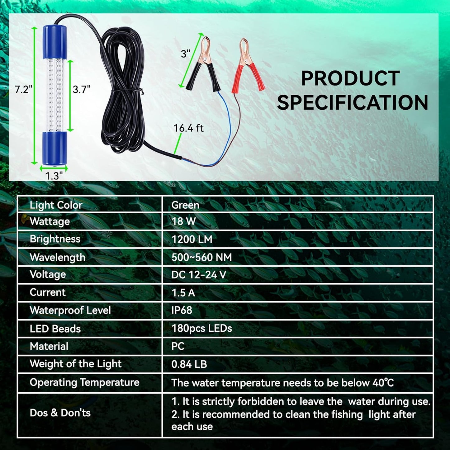 18W Underwater Fishing Light, IP68 Waterproof DC 12-24V LED Fish Bait Light Submersible Finder Attractants Lamp for Crappie Shrimp Squid Catfish + Battery Clamps, 16.4ft Cable Green/Blue/White Light