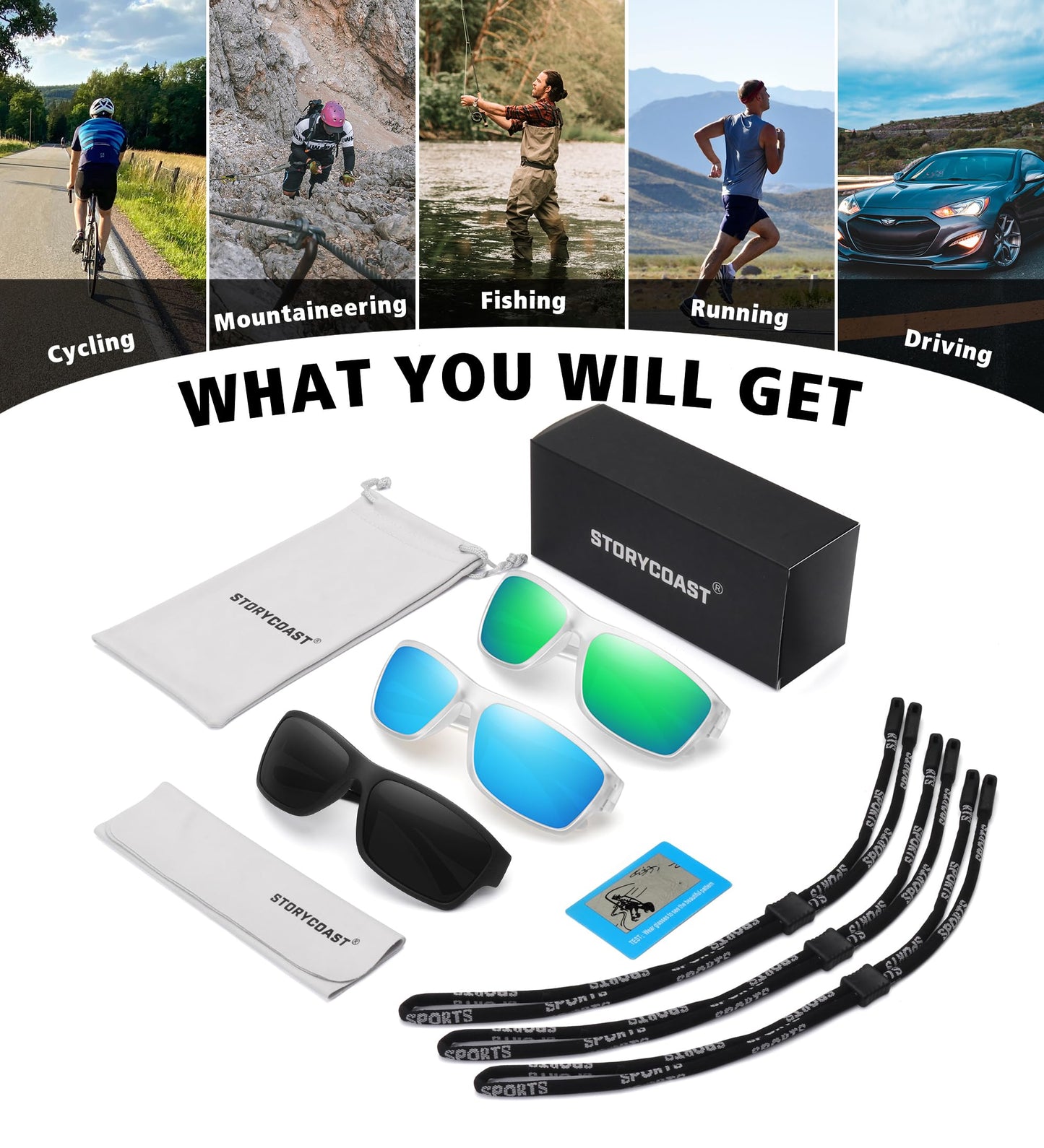 STORYCOAST Polarized Sports Sunglasses for Men Women Unbreakable Frame Cycling Fishing Driving 3Pack-Black+Clear/Blue+Clear/Green