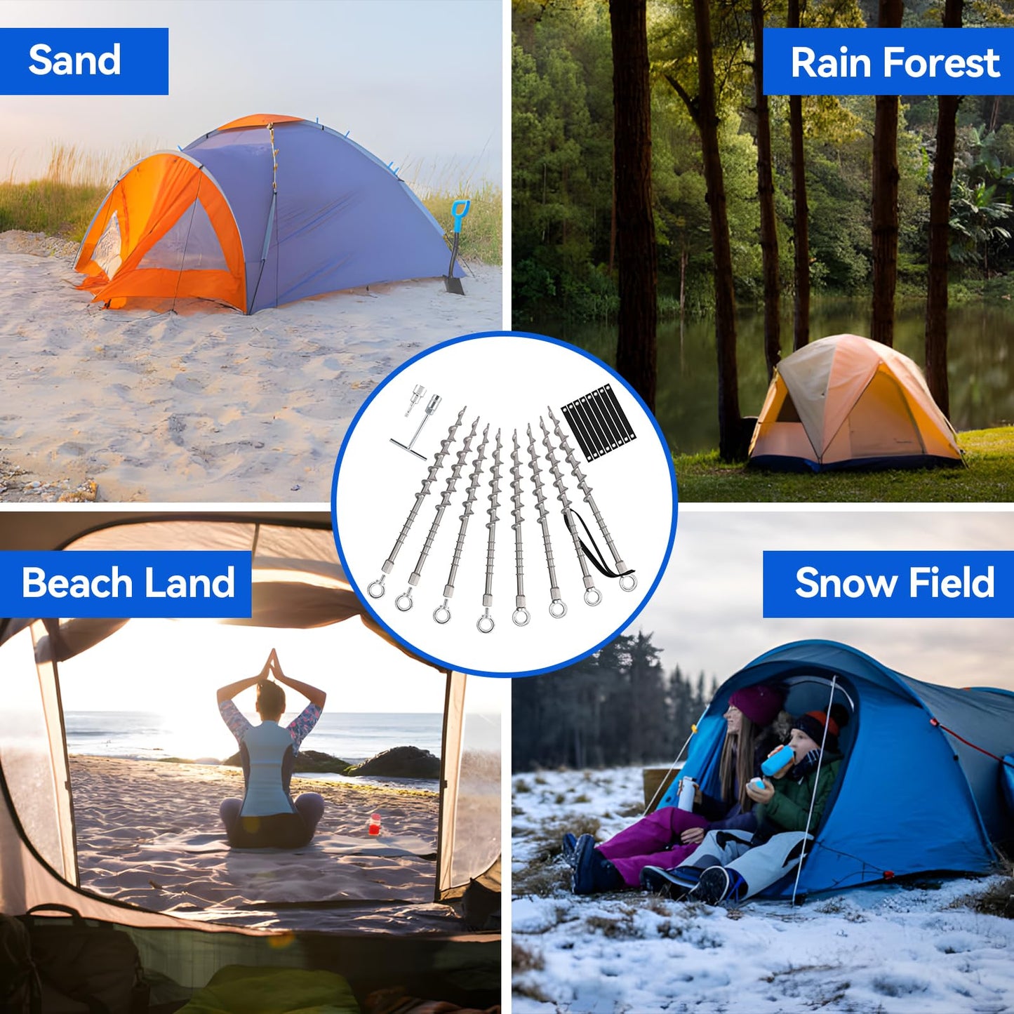 Keltrion 8 PCS Screw in Tent Stakes for Women Men Ground Anchors for Sand, Trampolines, Camping - Aluminium Heavy Duty Rust Prevention Pegs Spikes Drillable Threaded Anchor Stake - Silvery 14 inch