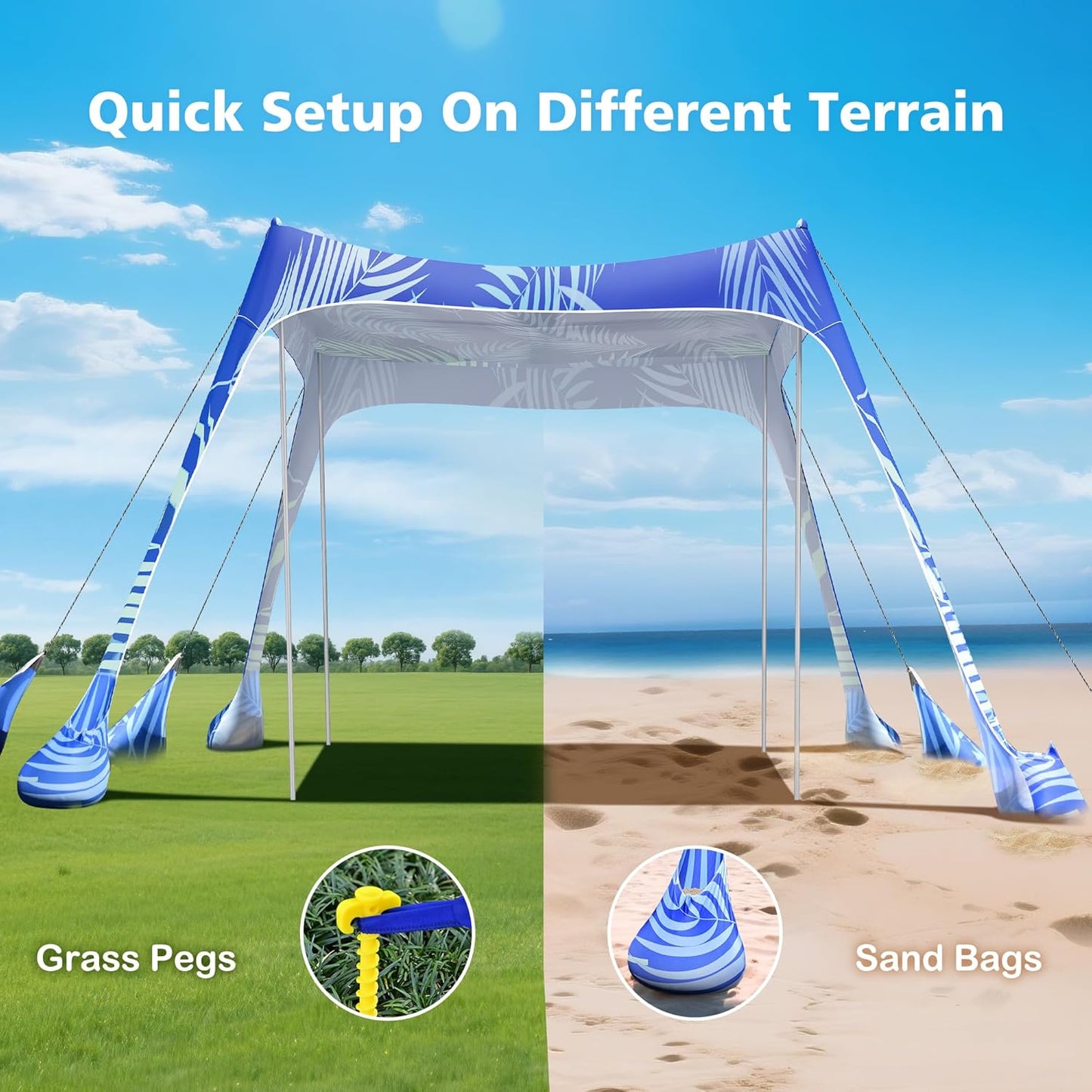 2PM SPORTS Beach Tent Canopy with UPF50+ UV Protection, Outdoor Large Beach Sun Shade Shelter for Family Picnic Camping Travel Shore Fishing, 8 Sandbags, Sand Shovel (Navy Blue, 10x10 FT)