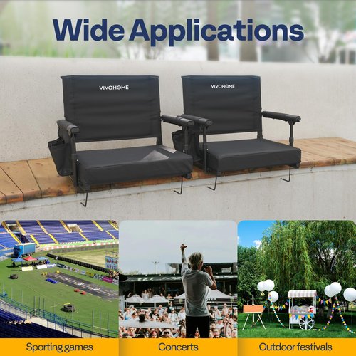 VIVOHOME Stadium Seats with Back Support and Cushion, 2 Pack Portable Bleacher Chairs with Cup Holder and Shoulder Strap, Black
