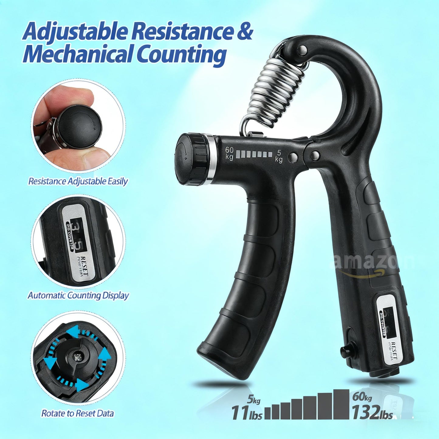 AgiliQ Grip Strength Trainer with Counter, Hand Grip Strengthener, Adjustable Resistance 11-132Lbs (5-60kg), Hand Grip Exerciser Strengthener Hand Exerciser for Muscle Building and Injury Recover (Black)