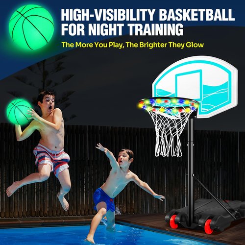 Pool Basketball Hoop Adjustable Swimming Pool Basketball - 7- Height Pool Accessories with LED Light, 2 Balls & Pump, Water Basketball Goals System, Portable Basketball Hoop