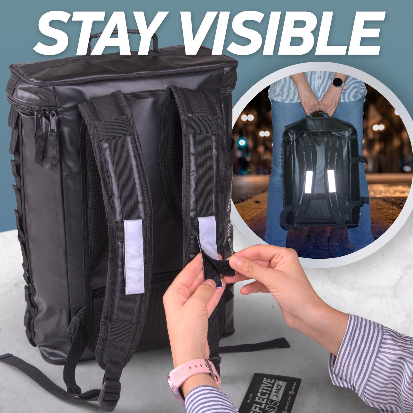Byllstore Reflective Backpack Bands | 3M Scotchlite Reflectors | Hook-and-Loop Closure | 1x4 in | 2-Pack (Silver)