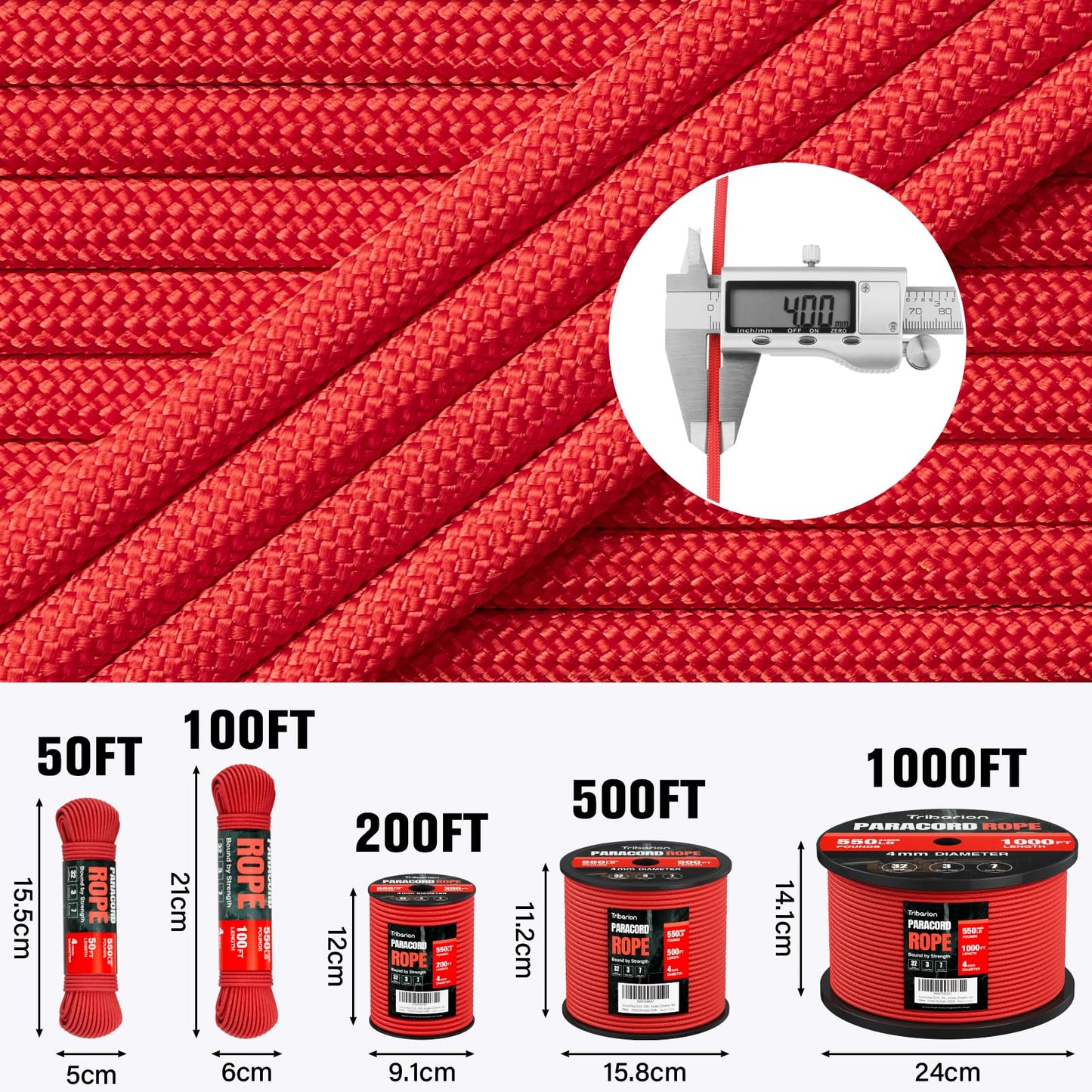 Paracord Rope 550 lb - 100ft 5/32" Parachute Cord 4MM 7-Strand para Cord - Heavy Duty Spool String for Survival,Camping Gear, Survival Bracelet, Clothesline - Red