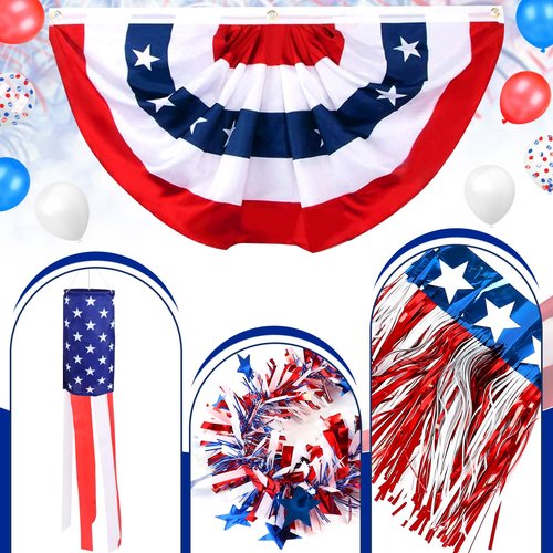 Tryly 4th of July Golf Cart Decorations Kit, Patriotic Parade Golf Cart Decor - Foil Fringe Garland, Pleated Fan Flag, Flag Windsock,Tinsel Garland, Flags Balloons for Independence Day Memorial Day