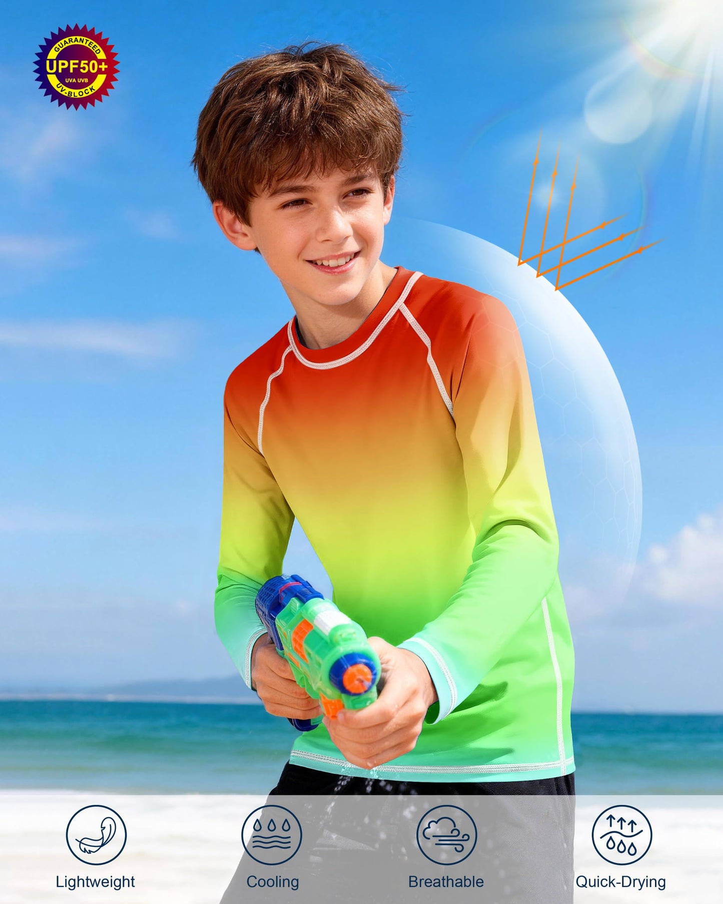 Boys UPF 50+ Swim Shirt Long Sleeve, 1 or 2 Pack UV Sun Protection Rash Guard, Youth Kids SPF Water Shirts for Beach Surf