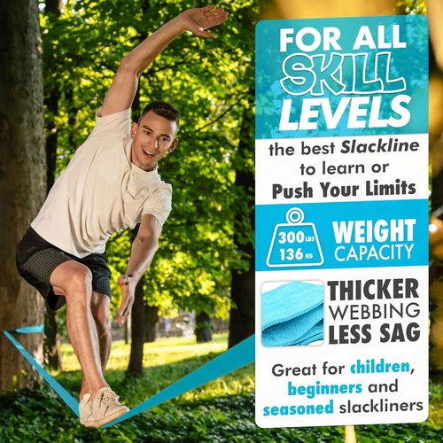 Complete Ninja Slackline Kit - 60ft Long Slack Line for Backyard for Kids & Adults with Ratchet Straps, Wider Tree Protectors - Slackline Kit for Ninja Warrior Obstacle Course for Kids Outdoor Playset