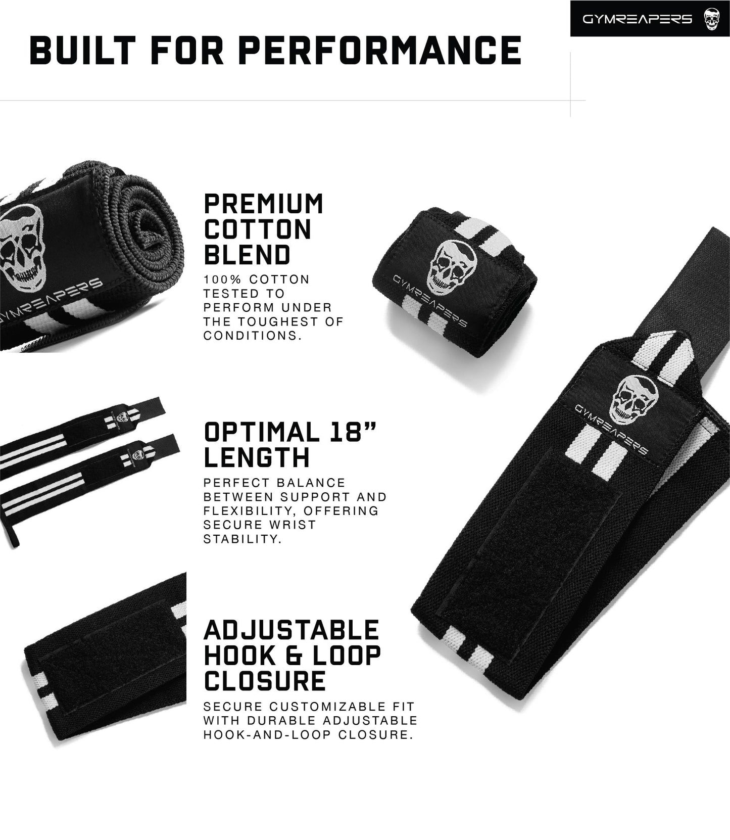 Gymreapers Weightlifting Wrist Wraps (Competition Grade) 18" Professional Quality Wrist Support with Heavy Duty Thumb Loop - Best Wrap for Powerlifting, Strength Training, Bodybuilding(White,18")