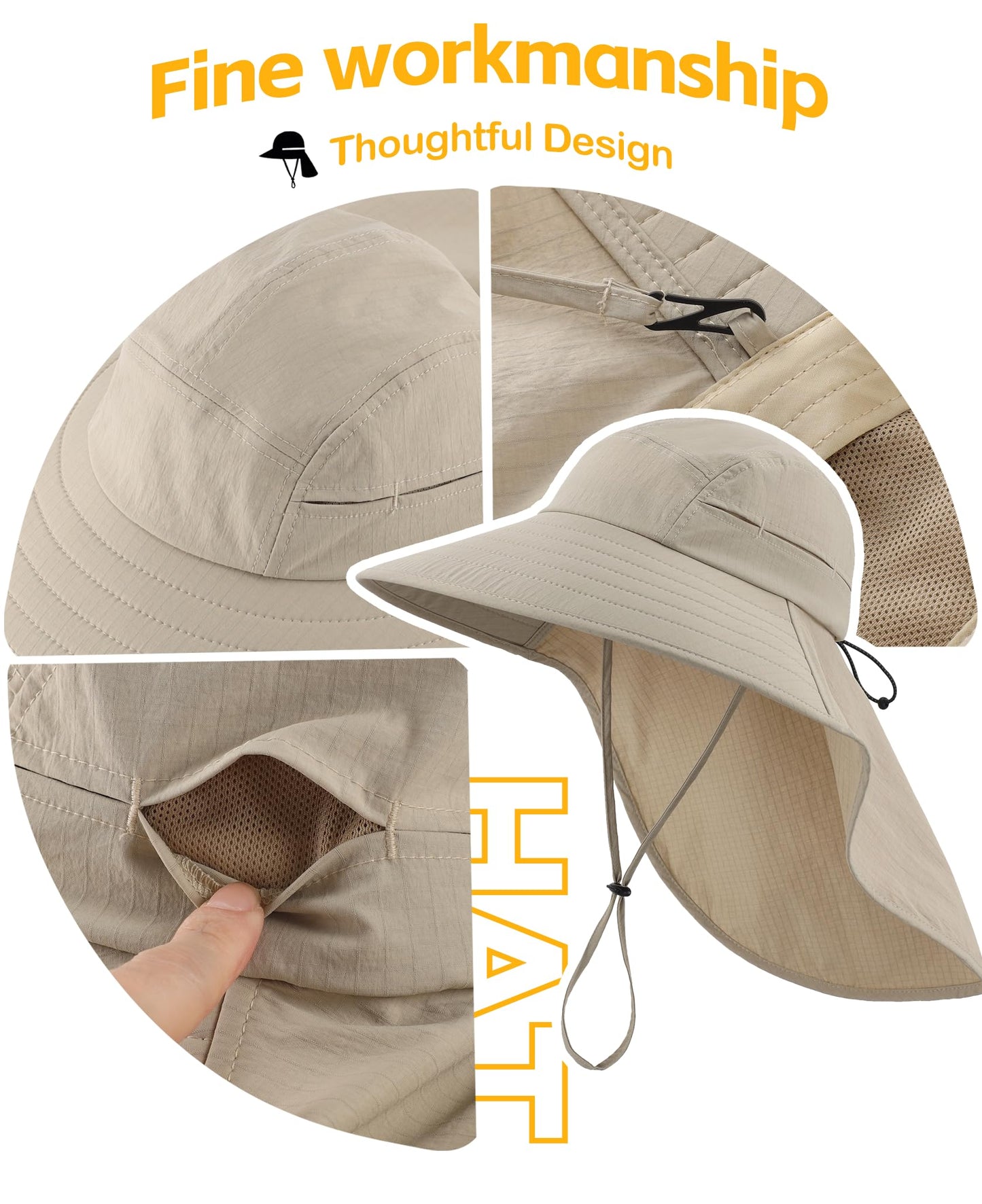 Home Prefer UPF 80+ Sun Hat for Men Women Wide Brim Sun Hat with Neck Flap Summer Safari UV Protection Gardening Fishing Hat Khaki