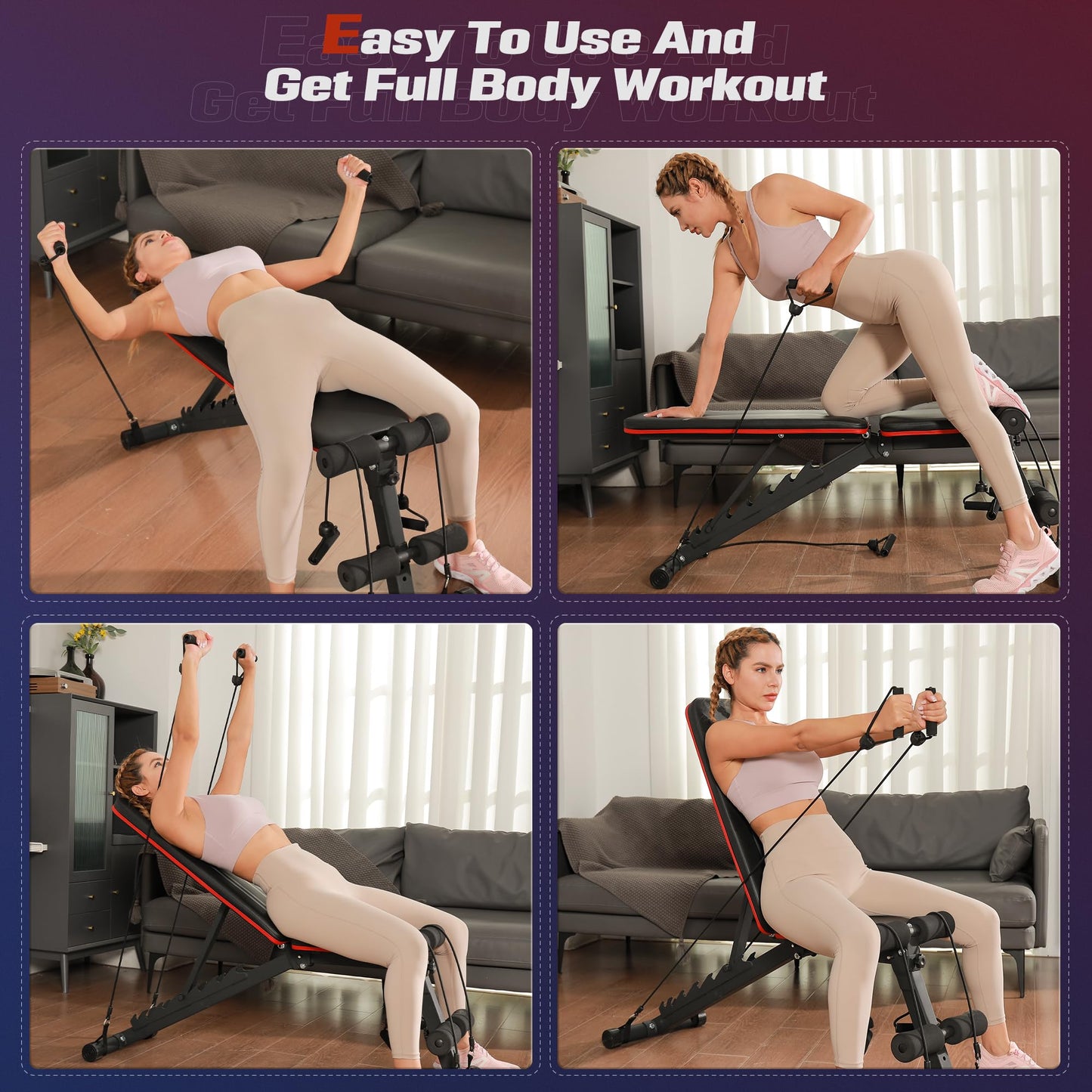 FLYBIRD Foldable Weight Bench with Resistance Bands, 8 Backrests Fast Adjustable FID for Home Gym Full Body Workout, Easy to Storage for Small Apartment