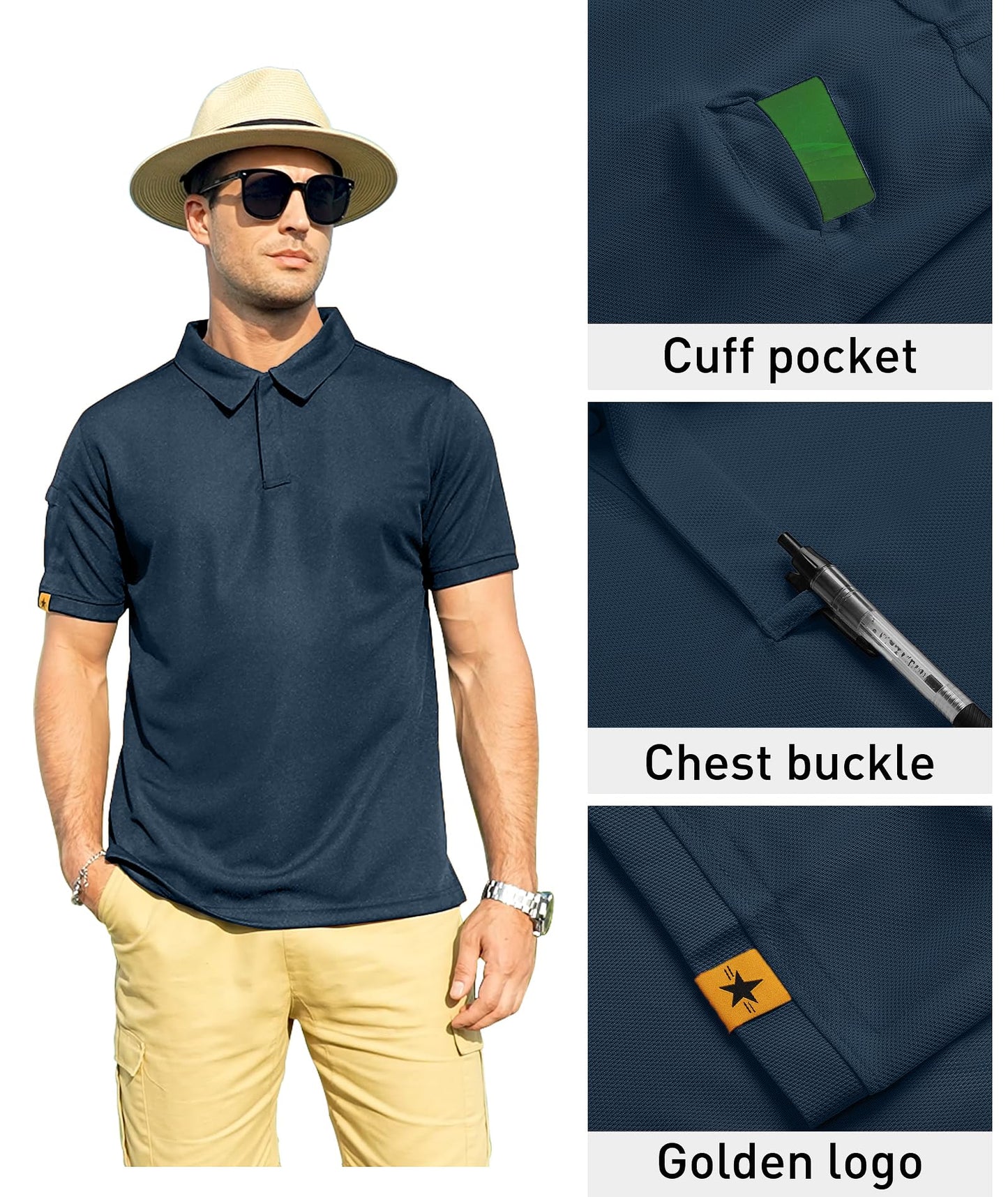 ZITY Mens Polo Shirt Short Sleeve Sports Tactical T-Shirt Athletic Golf Polos Daily Casual Stylish Collared Shirts for Men Navy Blue Medium