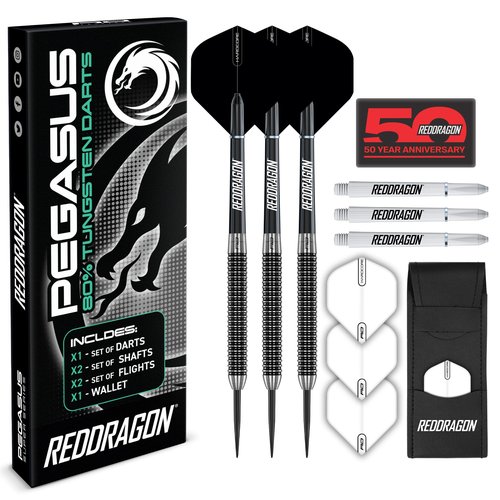 RED DRAGON Pegasus Tungsten Steel Darts Set - 24 Gram - Black Stems and Black Flights