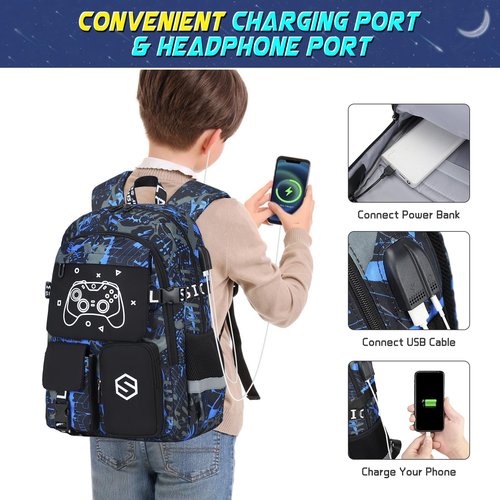 Scothen Boys Backpack, Cool Luminous School Backpacks for Boys with Lunch Bag Pencil Case, Kids Backpack Kindergarten Elementary Middle School Book Bags for Teen Boy Children with USB Charging Port