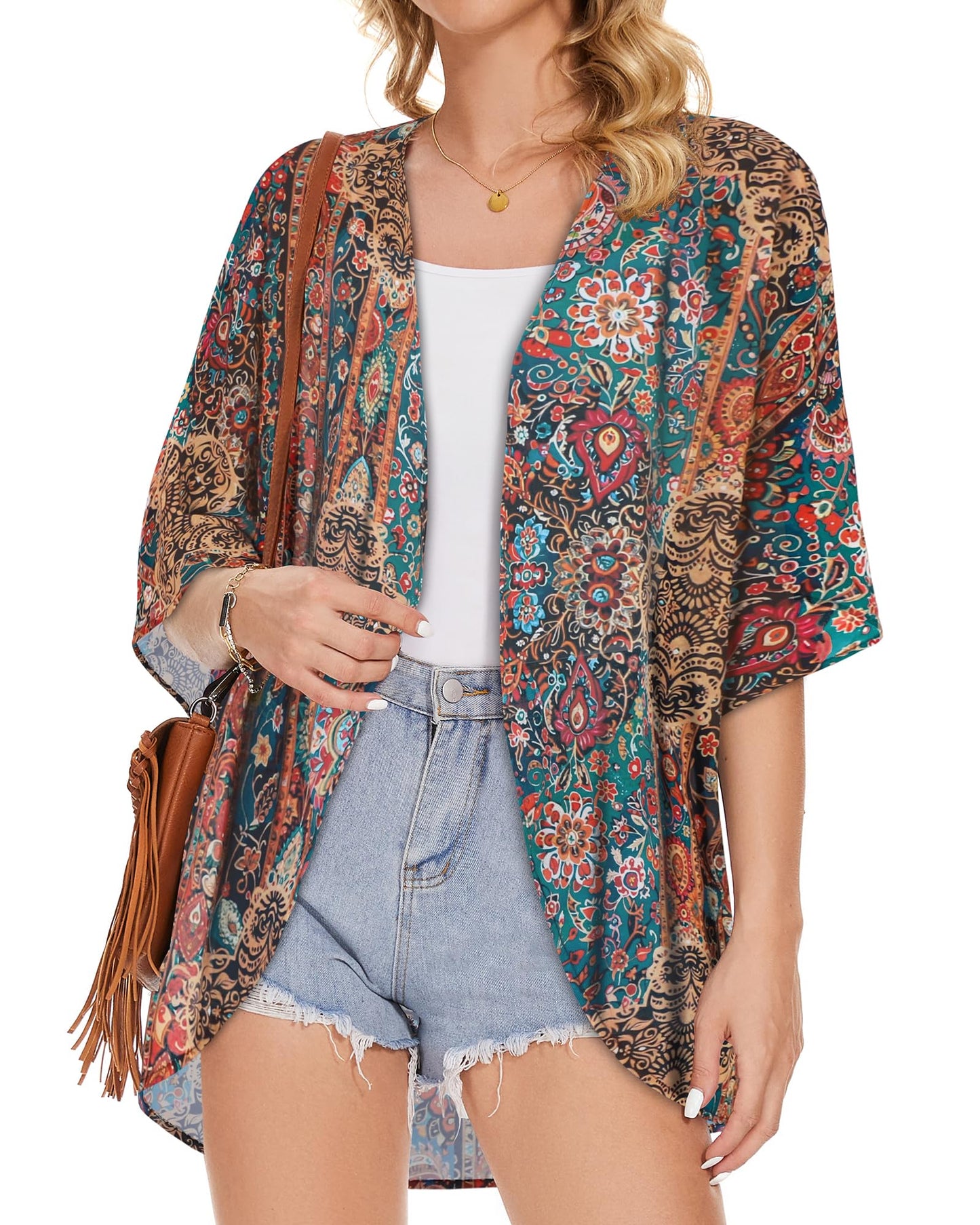 Women's Floral Kimono Print Puff Sleeve Loose Cardigan Cover Up Casual Blouse Tops (Bohemia Print, M)