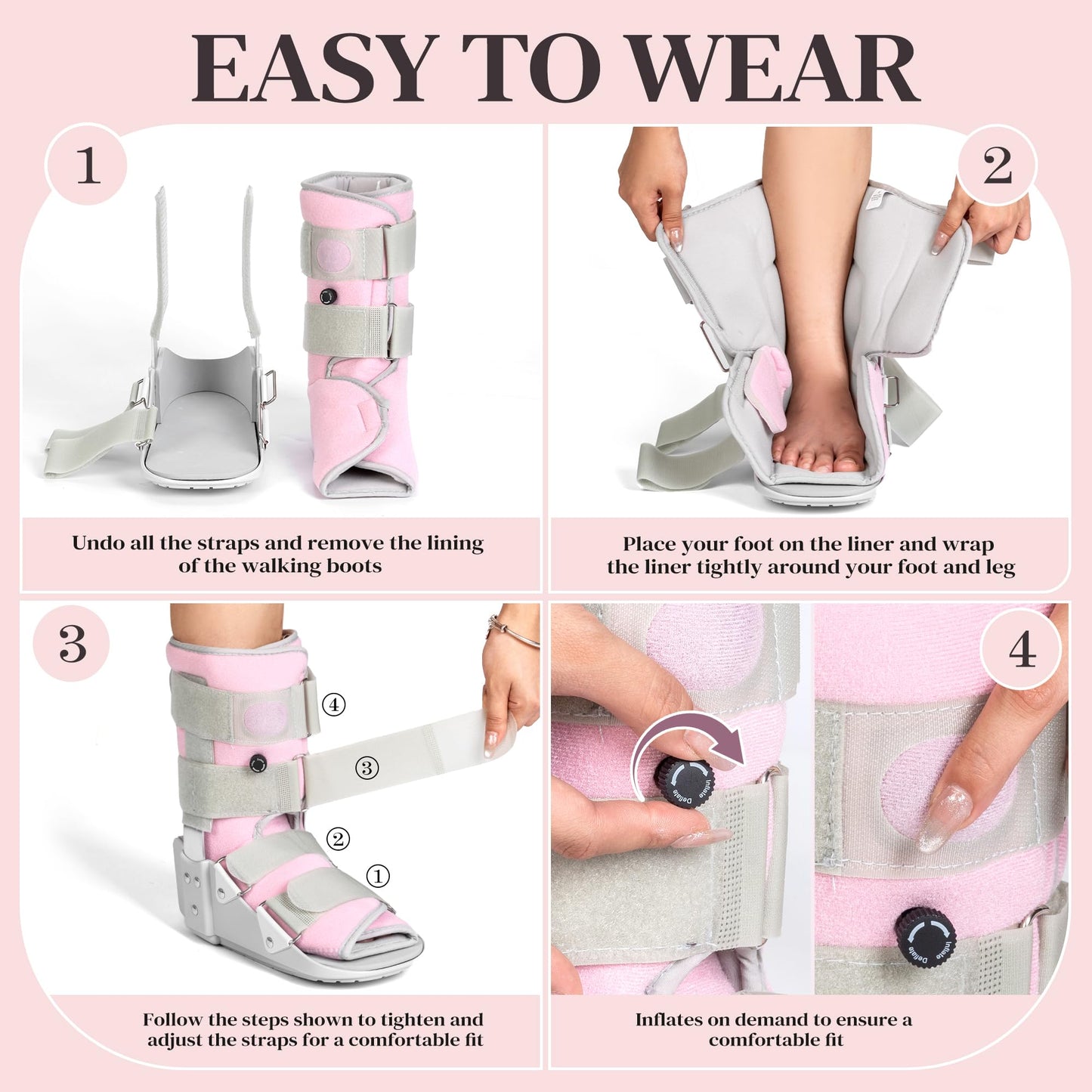 Medibot Medical Grade Fracture Boot - Adjustable Walking Cast for Foot & Ankle Injuries Secure Support for Broken Foot or Severe Sprain,Women's Medium,Grey & Light Pink,Fits women's Shoe Size 7-10''