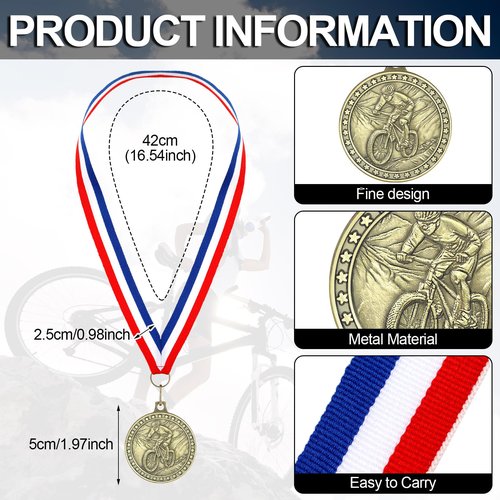 Loetere 12 Pcs Biking Medals Bulk Gold Cycling Medal Award with Neck Ribbons Metal Cyclist Trophy Award Prize Gift for Sports Tournaments School Competitions Party Students Adults