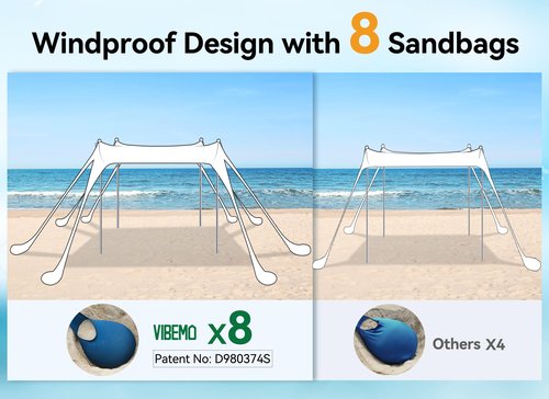 Vibemo Beach Tent, Beach Canopy Sun Shade with UPF50+ UV Protection, 10x10ft, Includes 8 Sandbags, Sand Shovel, Ground Pegs & 4 Stability Poles, Pop Up Sun Shelter for Camping, Picnics, Backyard Fun