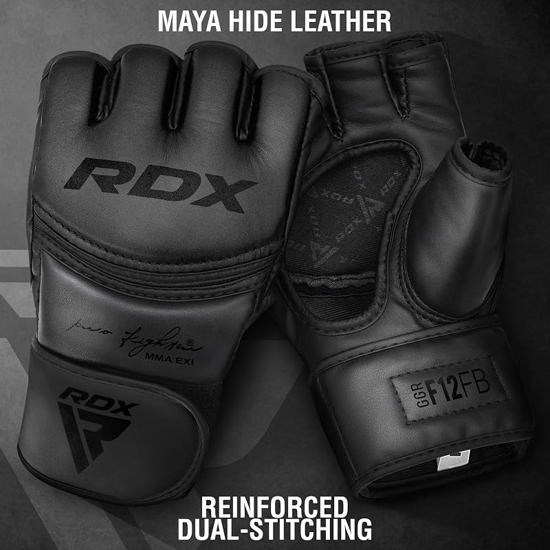 RDX MMA Gloves - Full Black+Large - Grappling, Muay Thai, Sparring, Leather