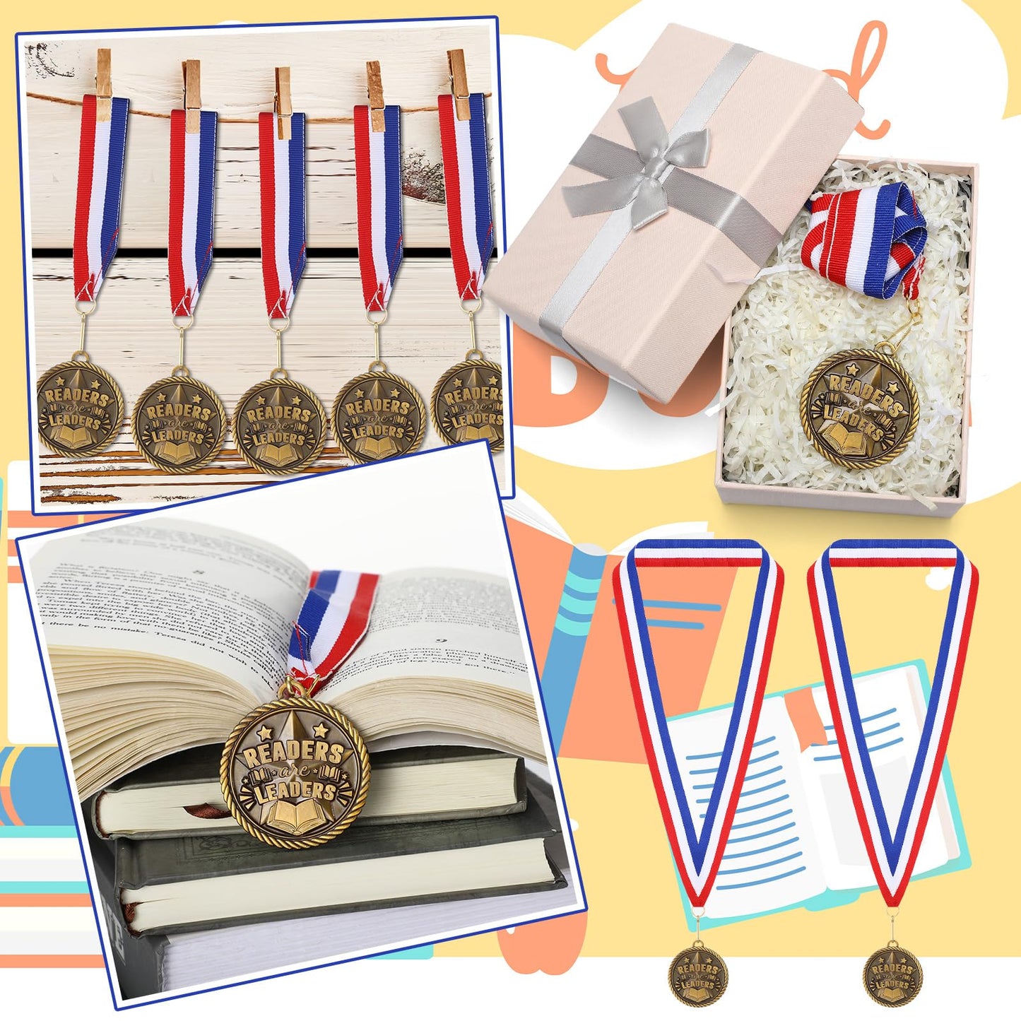 Loetere 30 Pcs Gold Award Medals Bulk 2 Inch Readers are Leaders Award Reading Medals Trophy Gift Prizes with Neck Ribbons for Scholastic Competitions Book Lovers
