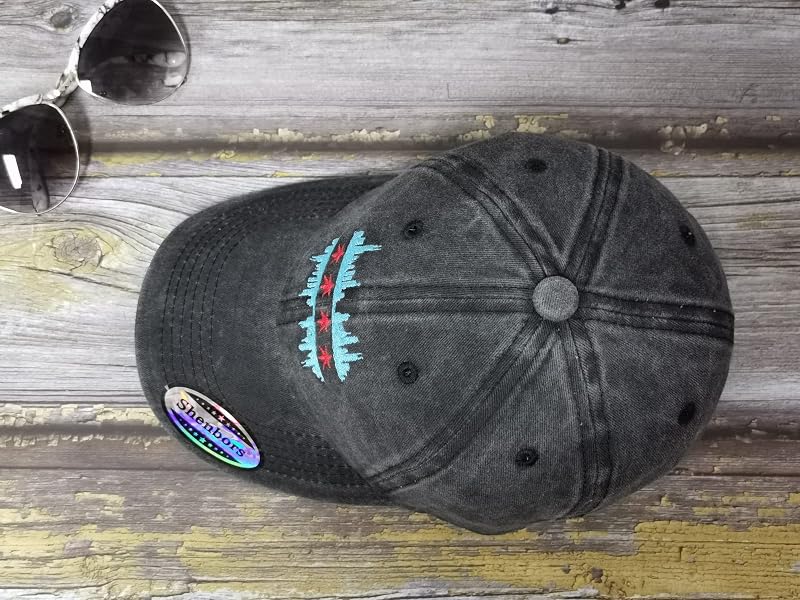 Chicago Illinois Skyline Flag Baseball Cap - Washed Black, Unisex, One Size