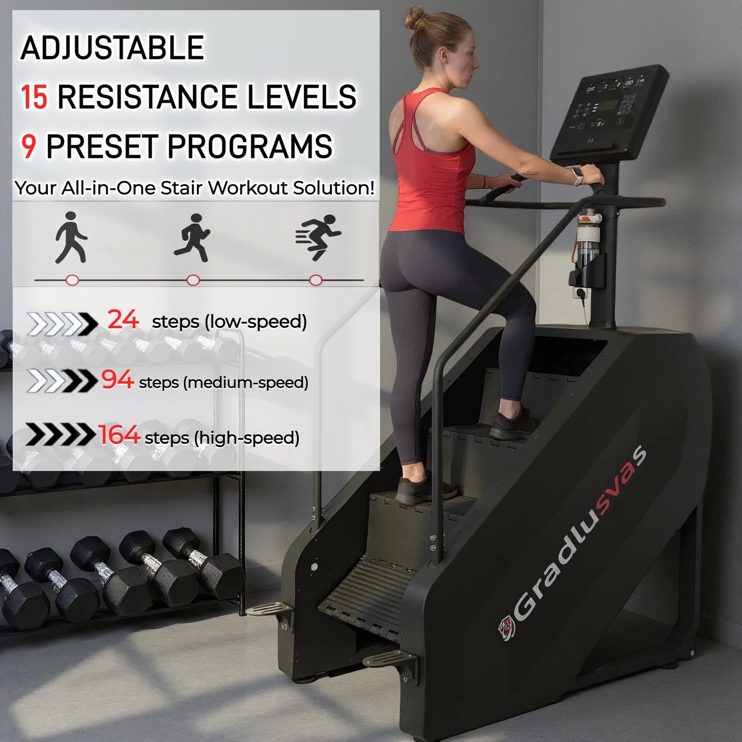 Stairmaster Stair Climber Machine, 610LBS Commercial Stair Stepper with LED Display & Button Controls, 15 Resistance Levels, Heart Rate Monitor, 9 Programs, Wireless Charging